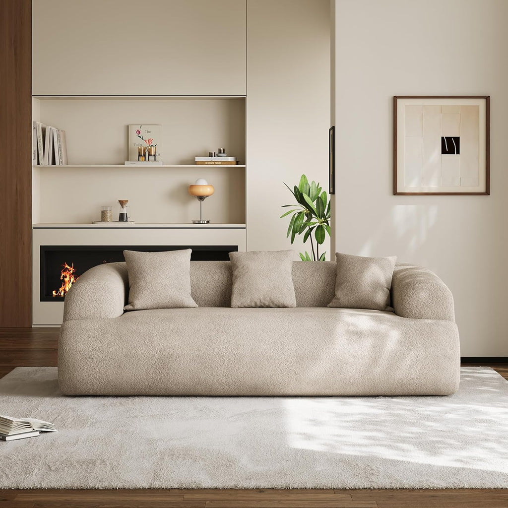 91" Couch,Cloud Couch,Chenille Curved Sofa with 3 Seater and 3 Pillows, Modern Compression Sofa for Living Room, Bedroom and Apartment, No Assembly Required, Light Brown
