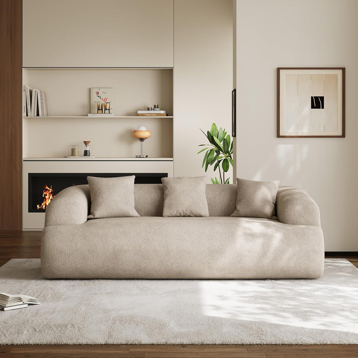 91" Couch,Cloud Couch,Chenille Curved Sofa with 3 Seater and 3 Pillows, Modern Compression Sofa for Living Room, Bedroom and Apartment, No Assembly Required, Light Brown
