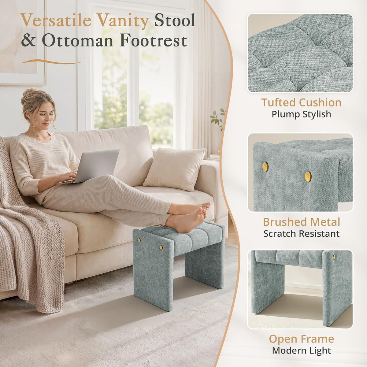 LUE BONA Modern Grid Tufted Vanity Bench Stool, 4.33'' Thick Chenille Upholstered Ottoman Footstool for Makeup Room, Bedroom & Living Room, 200lbs Capacity, Smoky Blue