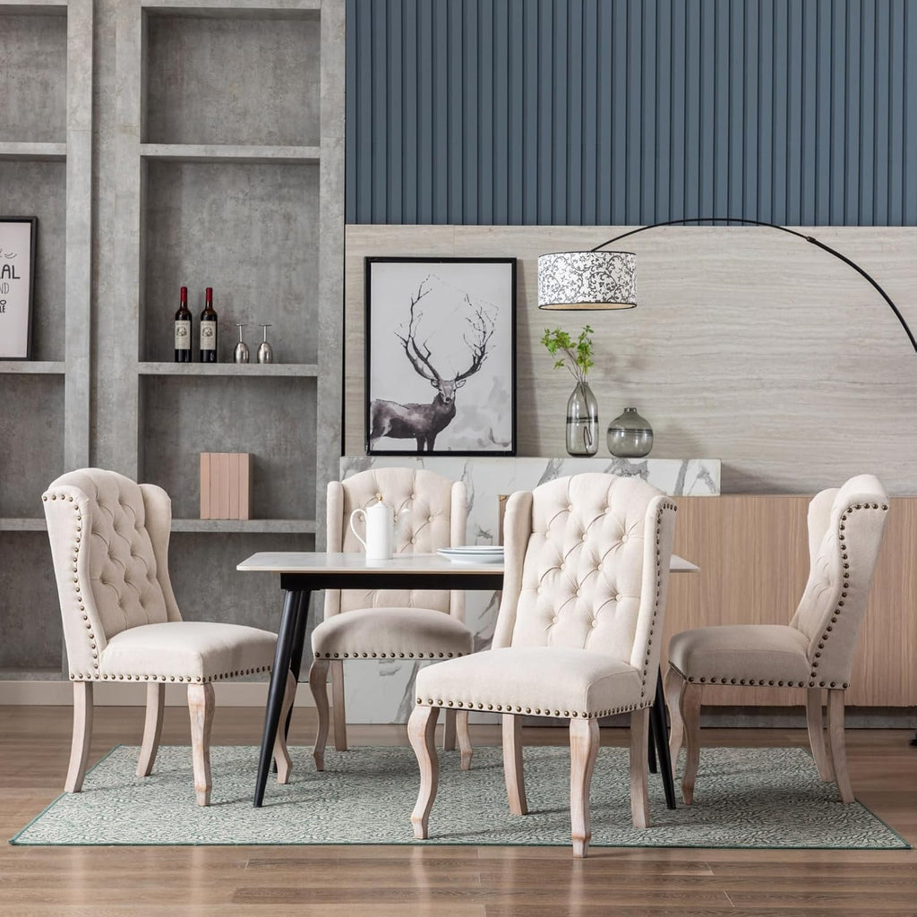 chairus Tufted Parsons Dining Chairs Set of 6, French Country Upholstered Dining Room Chairs with Nailhead Trim & Curved Wood Legs, Farmhouse High Back Armless Side Kitchen Chairs, Beige Linen