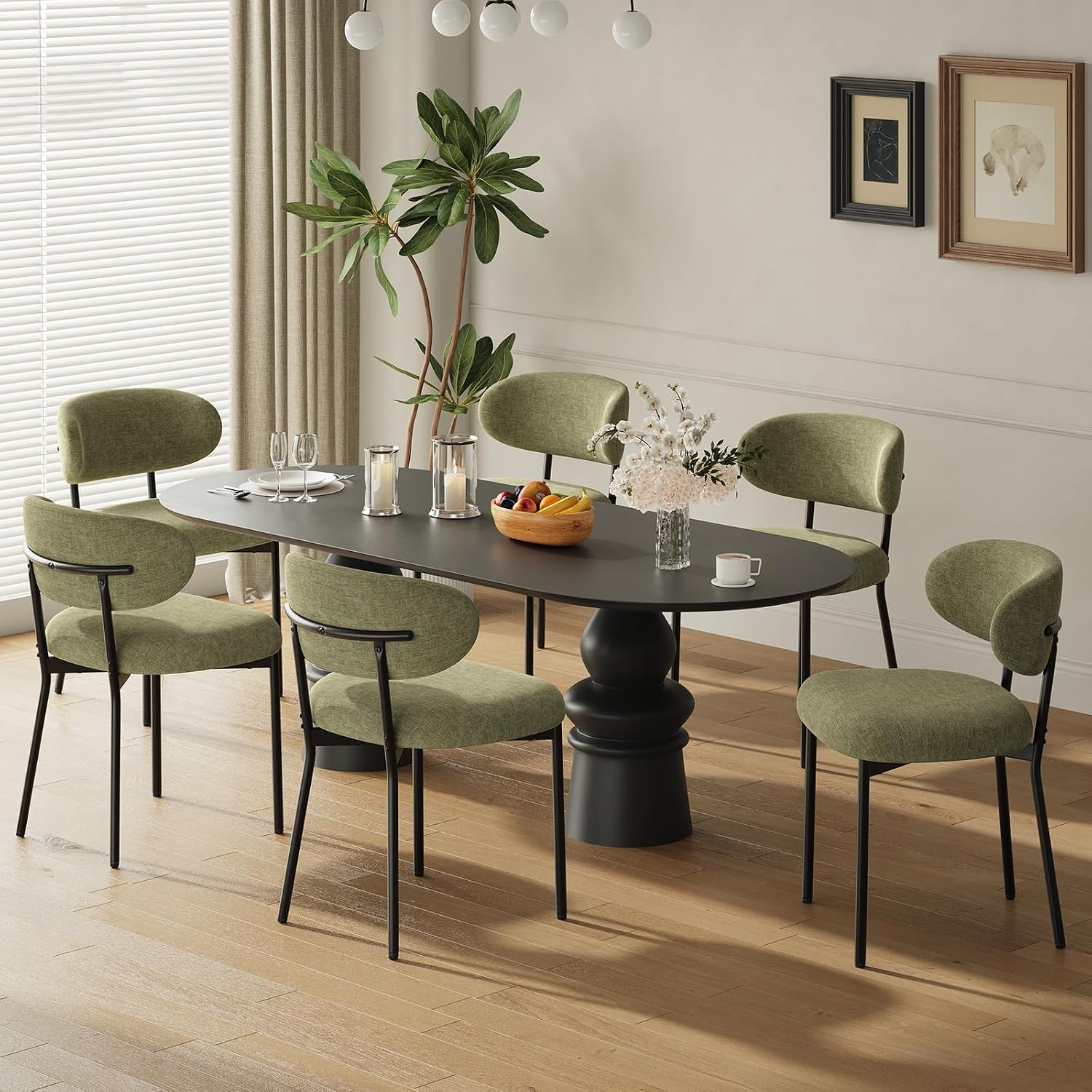 Upholstered Dining Chairs Set of 6, Modern Fabric Kitchen Chairs with Curved Backrest and Cushioned Seat, Sturdy Metal Legs, Modern Dining Chairs for Kitchen Dining Room, Living Room,Green