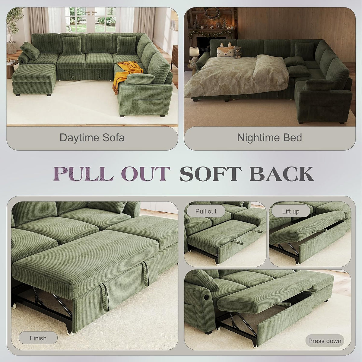 Hanherry Sectional Sofa with Pull Out Couch Bed,6 Seats Corduroy Sleeper Sofa with Storage Ottoman & USB Charging,Comfy L Shaped Modular Couches for Living Room,Apartment