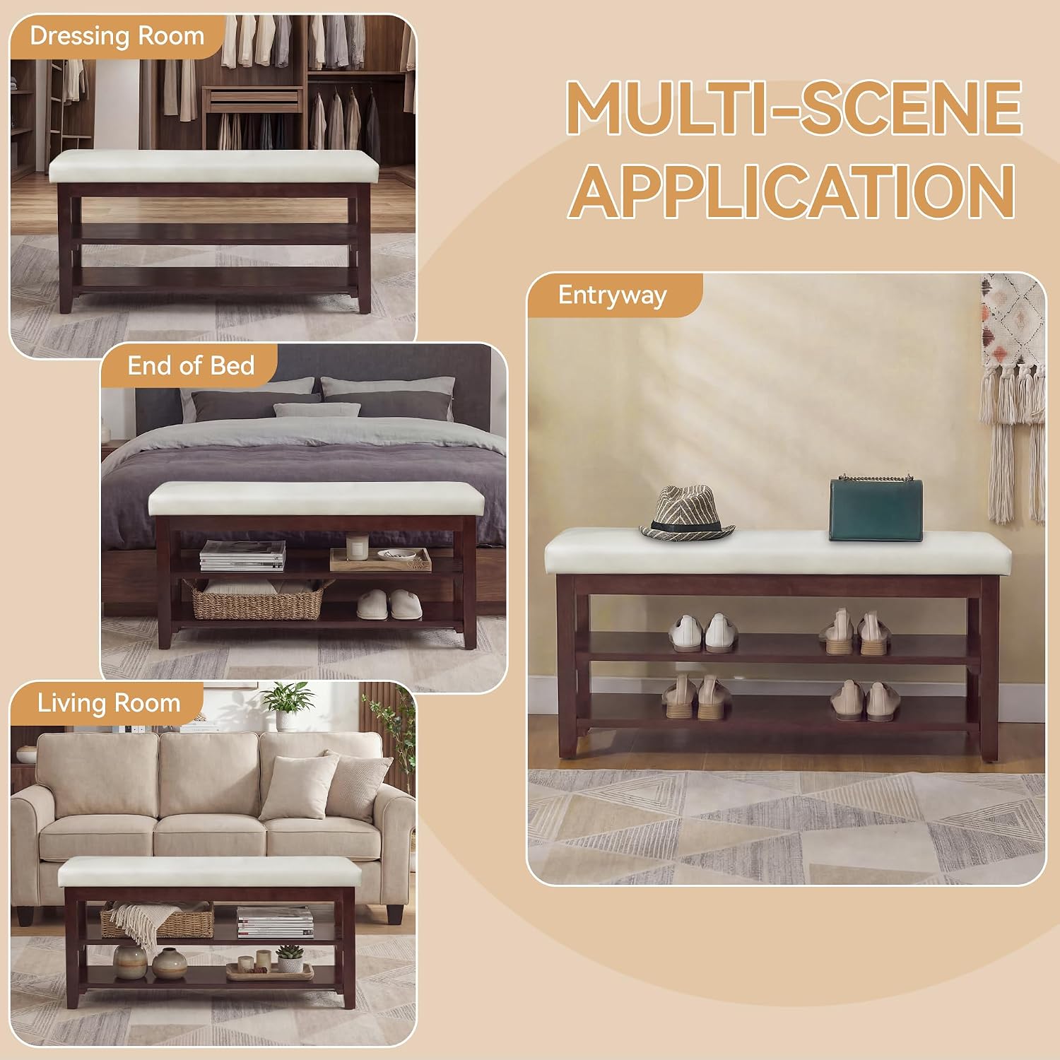 40" Faux Leather Shoe Storage Bench Entryway, Upholstered Bench with Leather Cushion, Solid Wooden 2 Tier Rack Shoe Organizer for Entry Way, Bedroom, Living Room, Beige