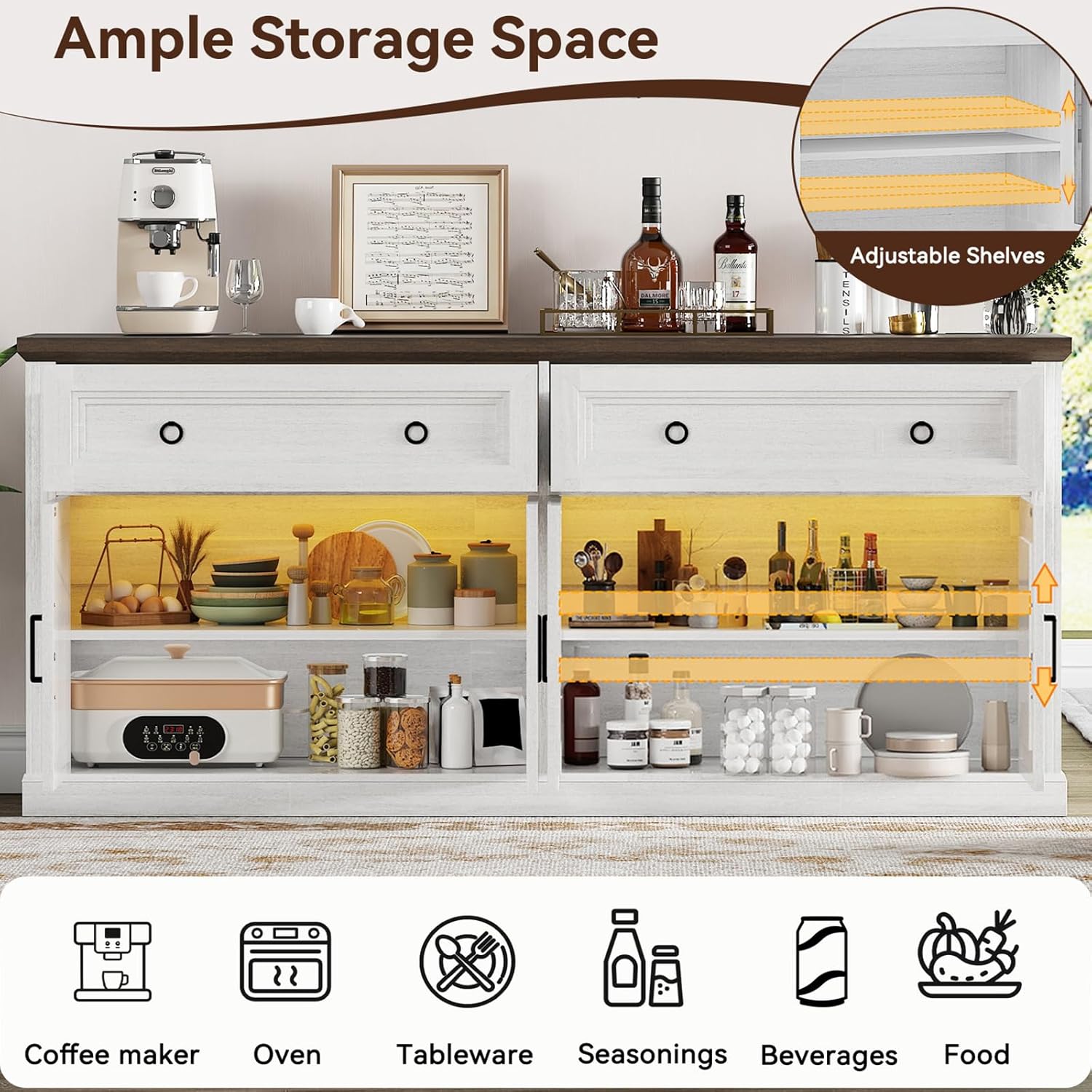 63'' Sideboard Buffet Cabinet with Storage, Modern Credenza with Outlets & LED Light, 2 Drawers, 4 Doors, Adjustable Shelves, Coffee Bar Cabinet for Kitchen Living Room, Antique White