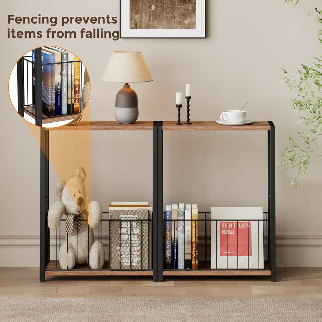 Homleke Narrow Side Table with Magazine Holder, Skinny End Table Perfect for Small Spaces, Space-Saving Design for Living Room, Bedroom, or Office, 7.1" D x 16.9" W x 23.6" H, Rustic Walnut