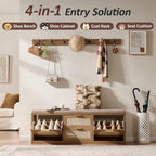 Rattan Narrow Entryway Bench with Shoe Storage, 4 Drawers & Coat Rack, Mid-Century Modern Wood Shoe Cabinet with Seat Cushion for Foyer/Hallway (Rustic Oak Rattan)