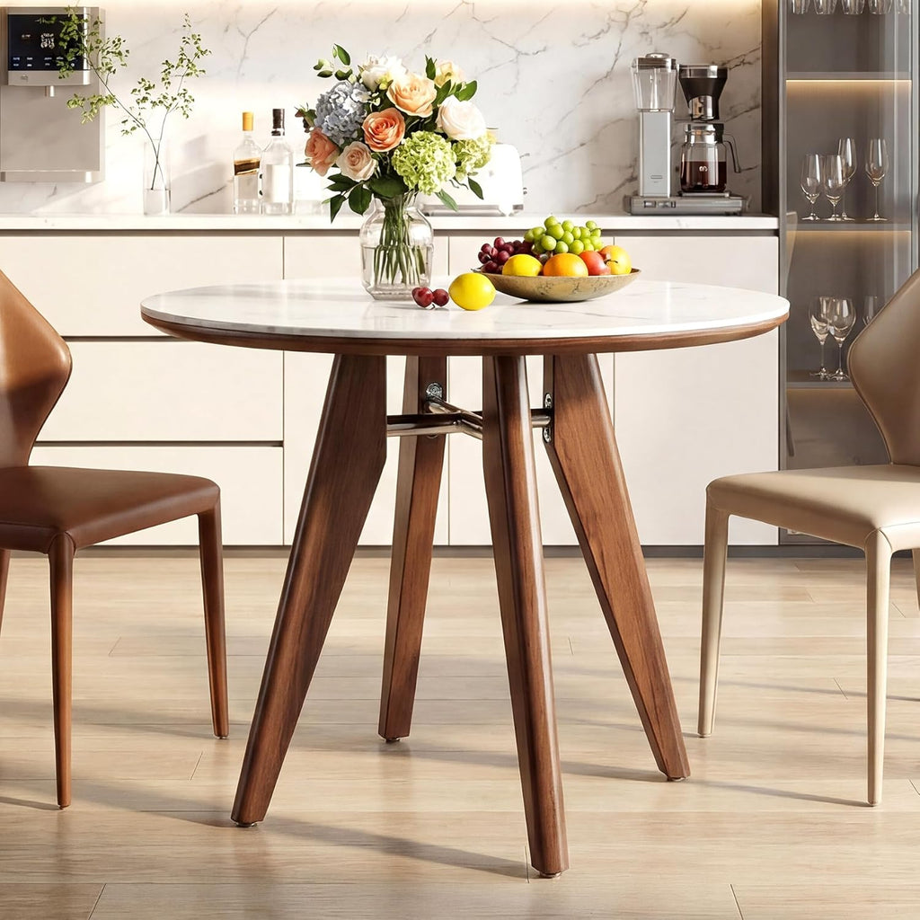 31.5" Round Dining Table, Modern Sintered Stone Kitchen Table with Solid Wood Legs for Dining Room, Living Room, Small Space, Glossy White & Brown