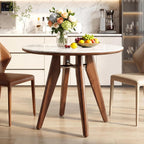 31.5" Round Dining Table, Modern Sintered Stone Kitchen Table with Solid Wood Legs for Dining Room, Living Room, Small Space, Glossy White & Brown