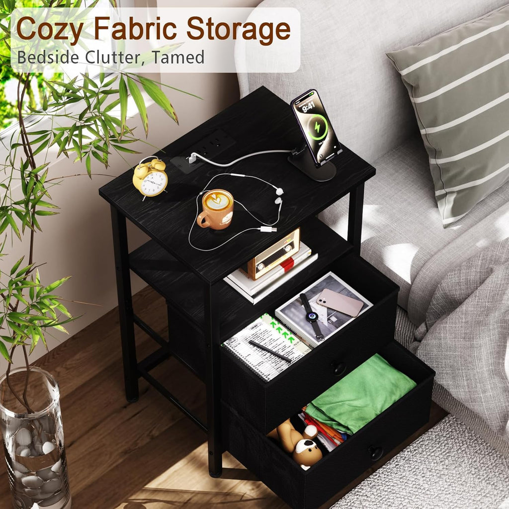 LOAKEKEL Night Stand, Small Nightstand with Charging Station | Bedside Table with 2 Fabric Drawers, End Table Living Room, Side Table with USB & Type-C Ports for Bedroom, Black