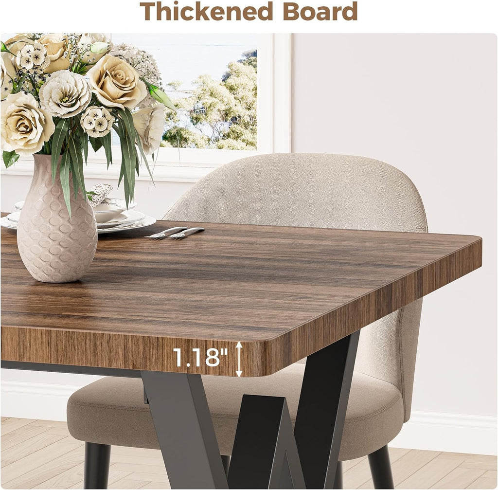 IRONCK 63" Dining Table for 4-6, Modern Rectangular Kitchen Table with Sturdy Metal Frame & Geometric Legs for Dining Room, Easy Clean-Brown