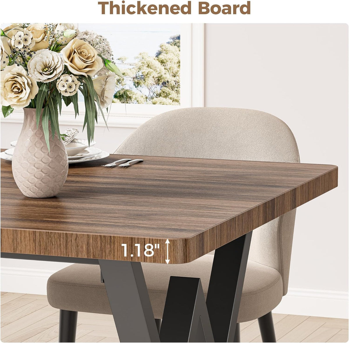 IRONCK 63" Dining Table for 4-6, Modern Rectangular Kitchen Table with Sturdy Metal Frame & Geometric Legs for Dining Room, Easy Clean-Brown