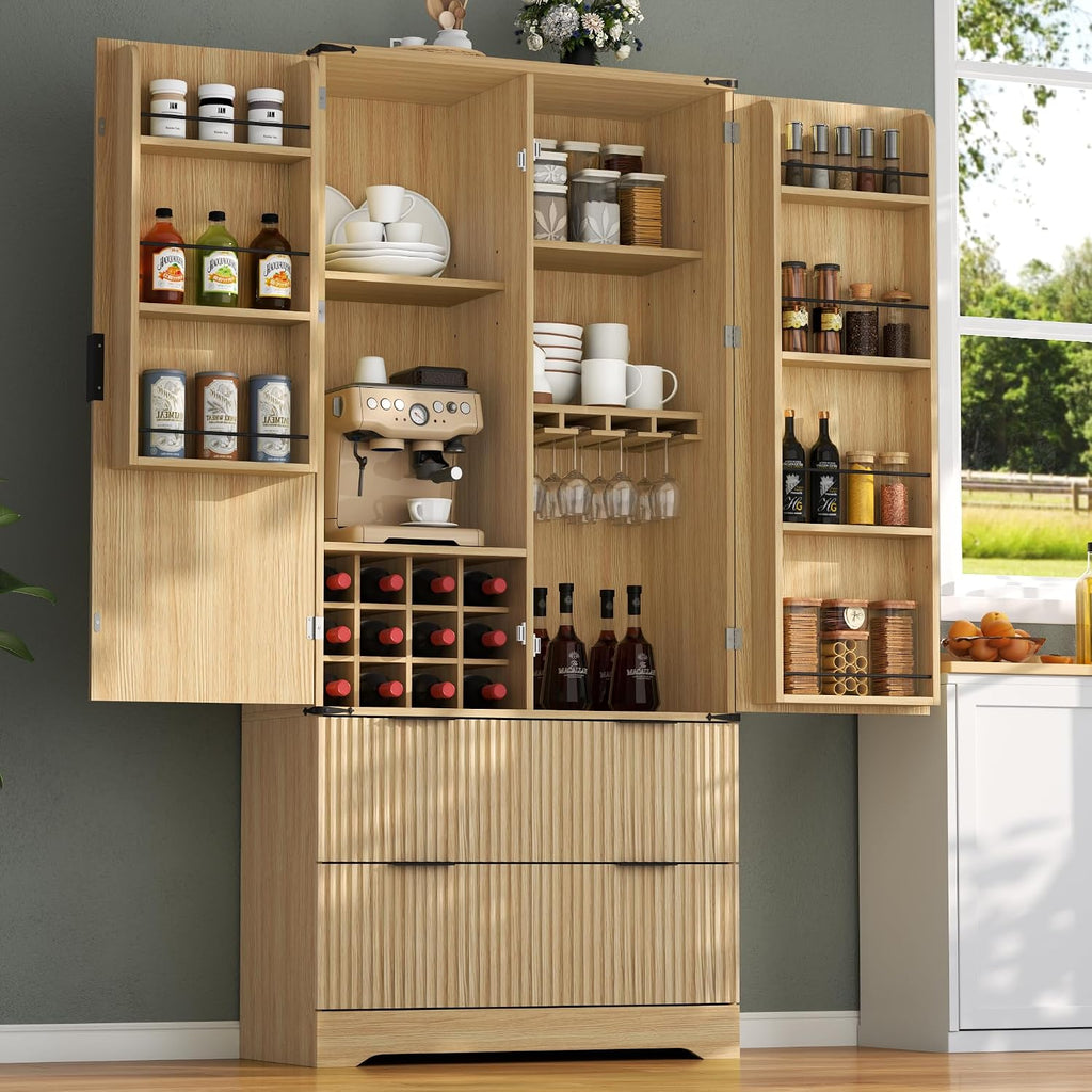 Loomie 71" Tall Kitchen Pantry Cabinet, Modern Fluted Storage Cabinet w/2 Drawers, 5 Adjustable Shelves & 7 Door Shelves, Wine Bar Cabinet w/Wine Rack & Glass Holder, Cupboard for Kitchen (Natural)