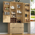 Loomie 71" Tall Kitchen Pantry Cabinet, Modern Fluted Storage Cabinet w/2 Drawers, 5 Adjustable Shelves & 7 Door Shelves, Wine Bar Cabinet w/Wine Rack & Glass Holder, Cupboard for Kitchen (Natural)