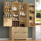 Loomie 71" Tall Kitchen Pantry Cabinet, Modern Fluted Storage Cabinet w/2 Drawers, 5 Adjustable Shelves & 7 Door Shelves, Wine Bar Cabinet w/Wine Rack & Glass Holder, Cupboard for Kitchen (Natural)