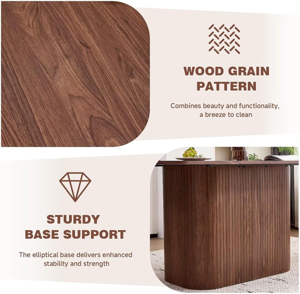63" Large Dining Table for 4-6 People, Farmhouse Rectangular Modern Kitchen Dinner Table with Rounded Corners & Wood Strip Pedestal Base Rectangular for Dining Room, Brown Grain