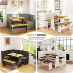 Breakfast Nook Set 3-4 Seat L-Shaped with Hidden Storage - Space Saving Corner Kitchen Dining Table & Bench Set - Farmhouse Family Home Wood Black