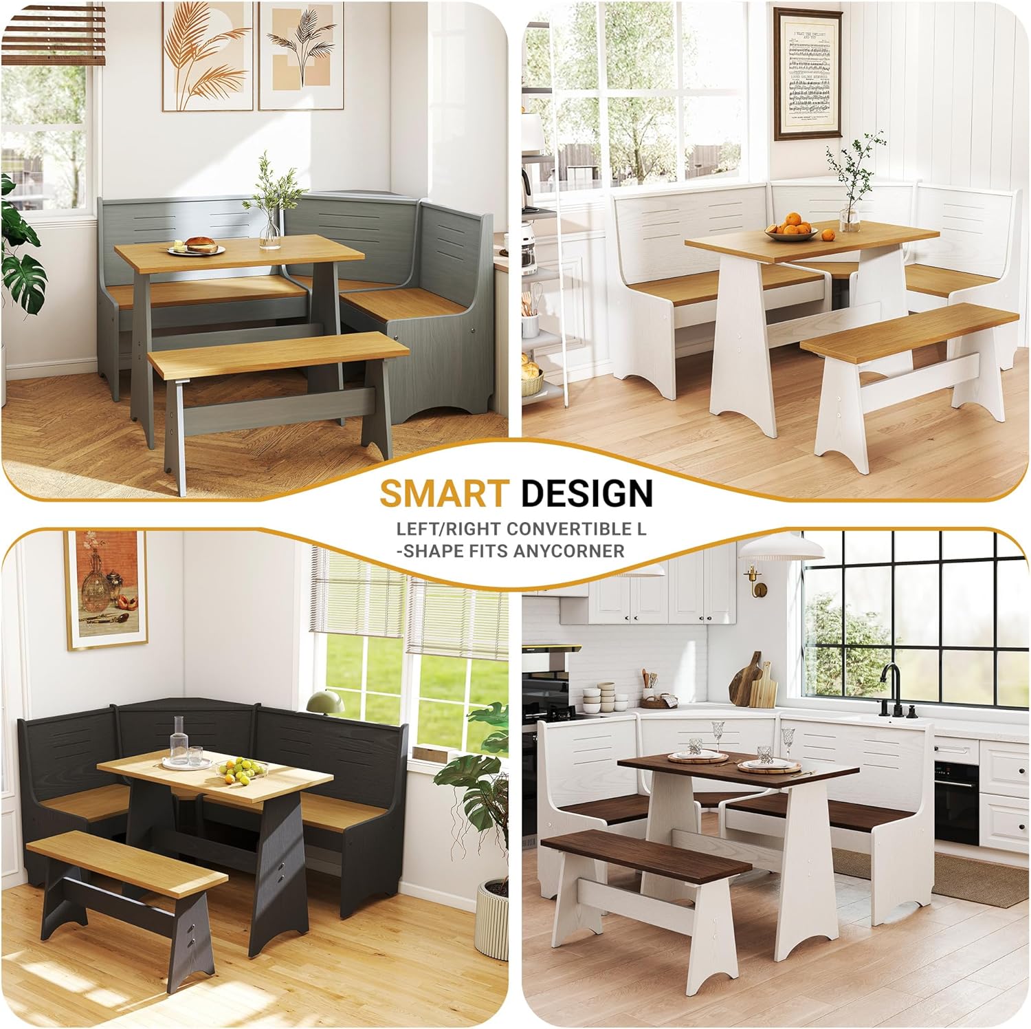 Breakfast Nook Set 3-4 Seat L-Shaped with Hidden Storage - Space Saving Corner Kitchen Dining Table & Bench Set - Farmhouse Family Home White Brown Wood