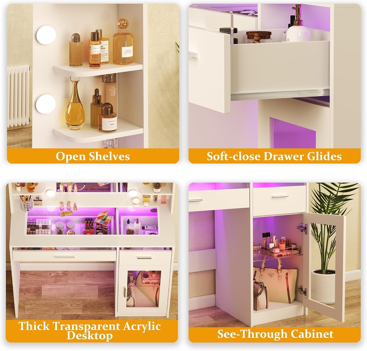 HUAHUU Vanity Desk with Mirror and Lights, Makeup Vanity Desk with Lights 3 Colors, Transparent Top Vanity with 2 RGB Drawers, 6 Shelves, Large Tempered Cabinet, Power Outlet, for Bedroom, White