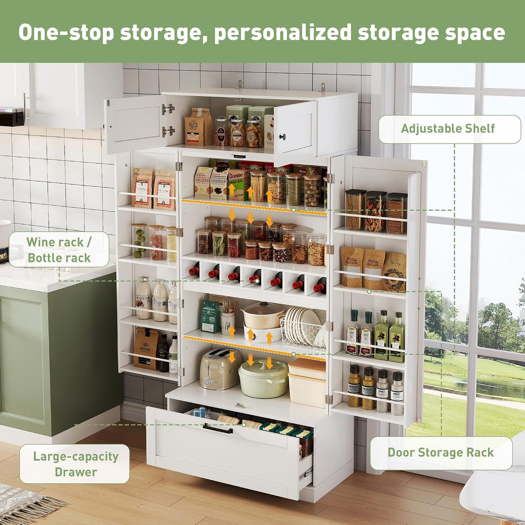 Tall Kitchen Pantry Cabinet, 72" Freestanding Storage Cupboard with Wine Bottle Rack & Adjustable Shelves, Kitchen Storage Cabinet for Dining Room, White