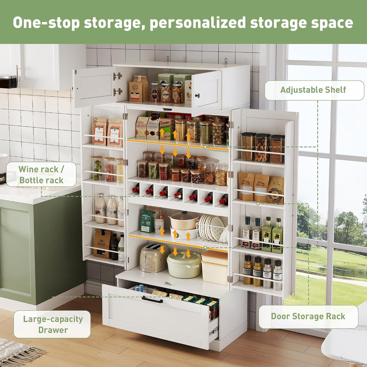 Tall Kitchen Pantry Cabinet, 72" Freestanding Storage Cupboard with Wine Bottle Rack & Adjustable Shelves, Kitchen Storage Cabinet for Dining Room, White