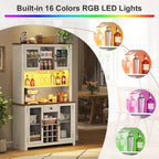 SOFTSEA Kitchen Pantry Cabinet with Built-in Power & USB Outlets, Kitchen Storage Cupboard with Doors, Wine Rack and Shelves, Rustic Buffet Cabinet with LED Light, 47.1x11.8x70.9 Inch, White