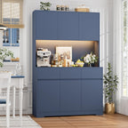 FINETONES 71" Pantry Cabinet with Power Outlets and Led Lights | Large Kitchen Hutch Storage with Microwave Stand, Tall Pantry Kitchen Cabinet with Cupboard, Blue
