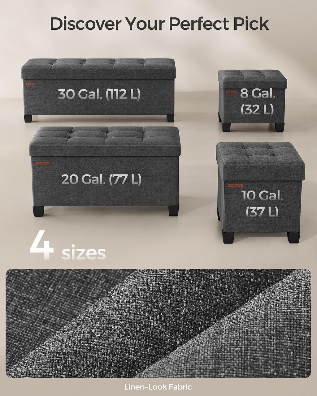 SONGMICS Storage Ottoman, Small Foot Rest, 15 x 15 x 15.7 Inches | Foot Stool with Legs, Load up to 661.4 lb, for Living Room, Bedroom, Dorm, Gray and Black, MELISA Collection ULSF014G01