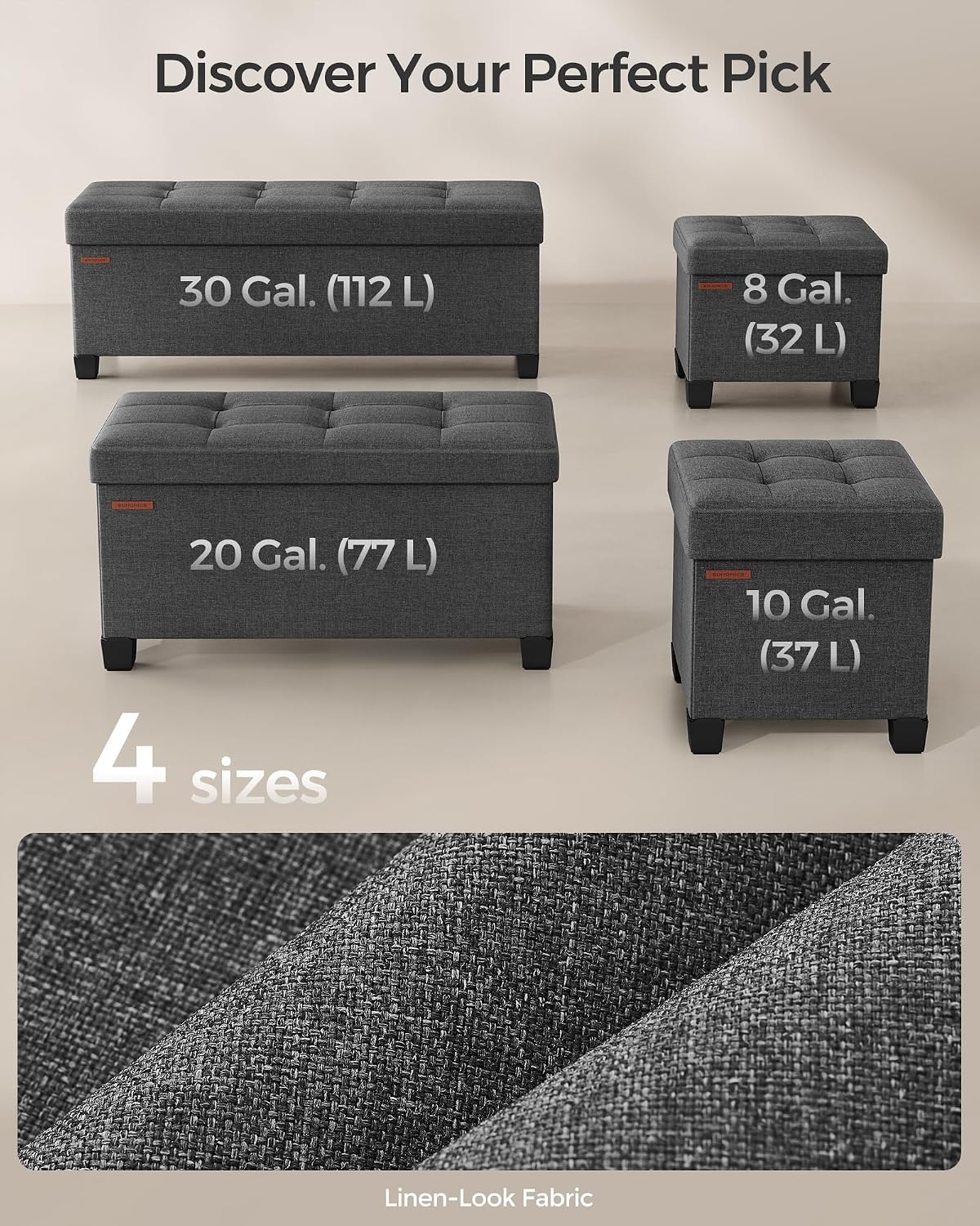 SONGMICS Storage Ottoman, Small Foot Rest, 15 x 15 x 15.7 Inches | Foot Stool with Legs, Load up to 661.4 lb, for Living Room, Bedroom, Dorm, Gray and Black, MELISA Collection ULSF014G01