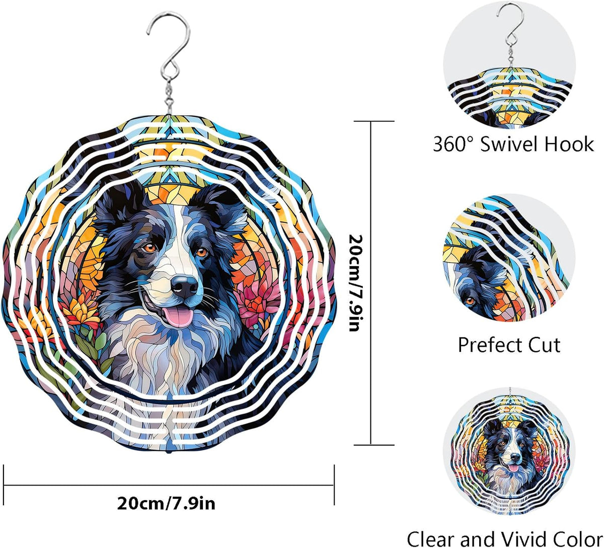 Border Collie Wind Spinner Pet Dog Memorial Gifts 3D Aluminum Metal Kinetic Hanging Wind Sculpture Spinners for Yard and Garden Indoor Outdoor Window Garden Decoration 8 Inch (Border Collie 1)