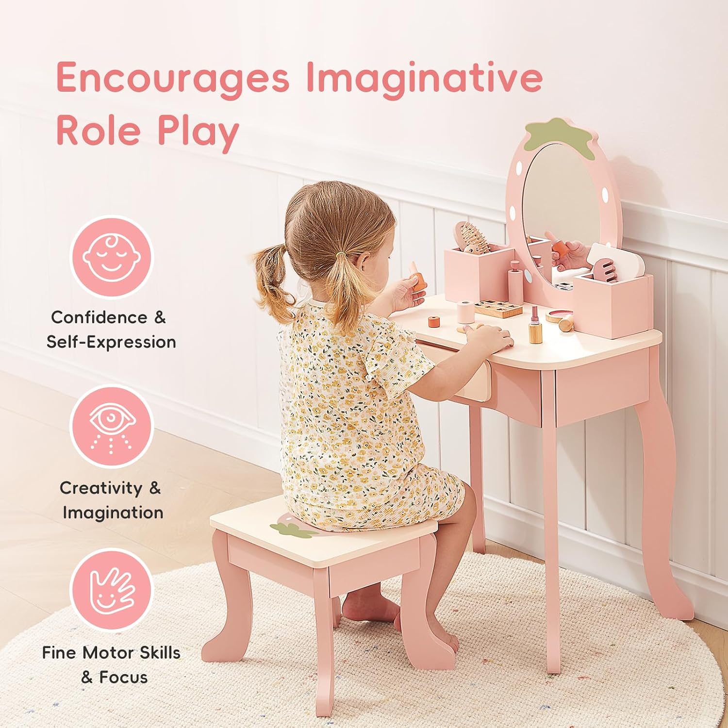 OOOK Toddler Vanity for 3 Year Old with 10pcs Pretend Makeup Accessories | FSC Safety, Kids Vanity and Makeup Table for Kids with Drawer, Pink Strawberry-Themed, Ideal Gift Choice for Girls Aged 3+