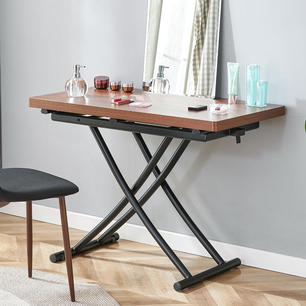 Space Saving Folding Dining Table, Adjustable Height Foldable Coffee Table with Wooden Tabletop and Metal Legs, Small Transformer Kitchen Table for Living Room, Dining Room, Apartment