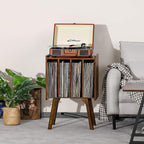 LELELINKY Small Record Player Stand, 4 Cabinet Vinyl Storage Table, Brown | Width 11.7 In, Up to 80 Albums, Vinyl Holder with Wood Legs, Turntable Stand Display Shelf for Bedroom and Living Room