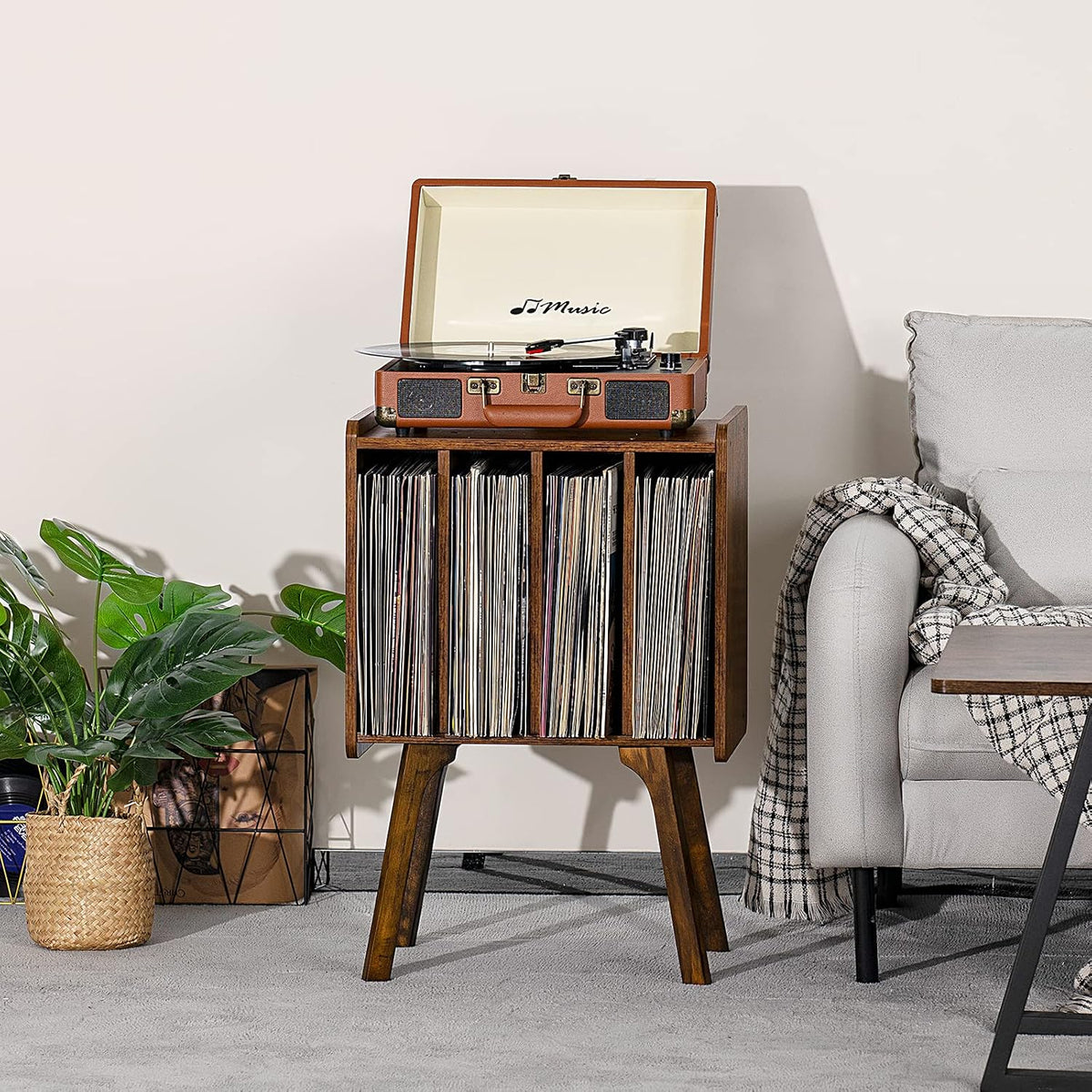 LELELINKY Small Record Player Stand, 4 Cabinet Vinyl Storage Table, Brown | Width 11.7 In, Up to 80 Albums, Vinyl Holder with Wood Legs, Turntable Stand Display Shelf for Bedroom and Living Room