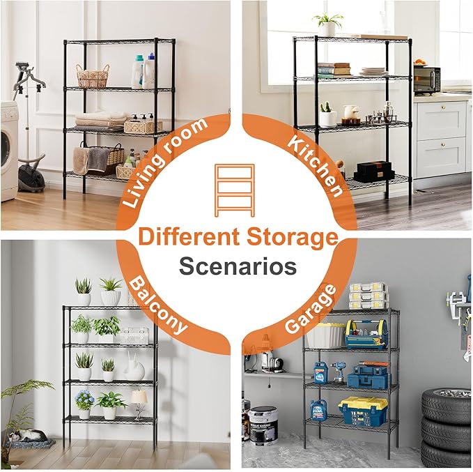 Sweetcrispy 4-Shelf Storage Shelving Unit, Adjustable Metal Wire Racks Heavy Duty Standing Shelf Organizer for Kitchen, Closet, Pantry, Garage, Bathroom, Laundry (13.8" D x 35.4" W x 54" H)