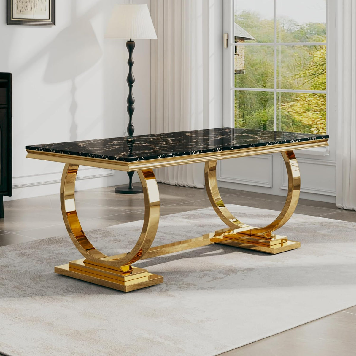 70" Marble Dining Table with Black Faux Marble Top and Gold O-Shape Stainless Steel Base, Modern Rectangular Kitchen Table for Living Room, Home Office, Easy to Clean