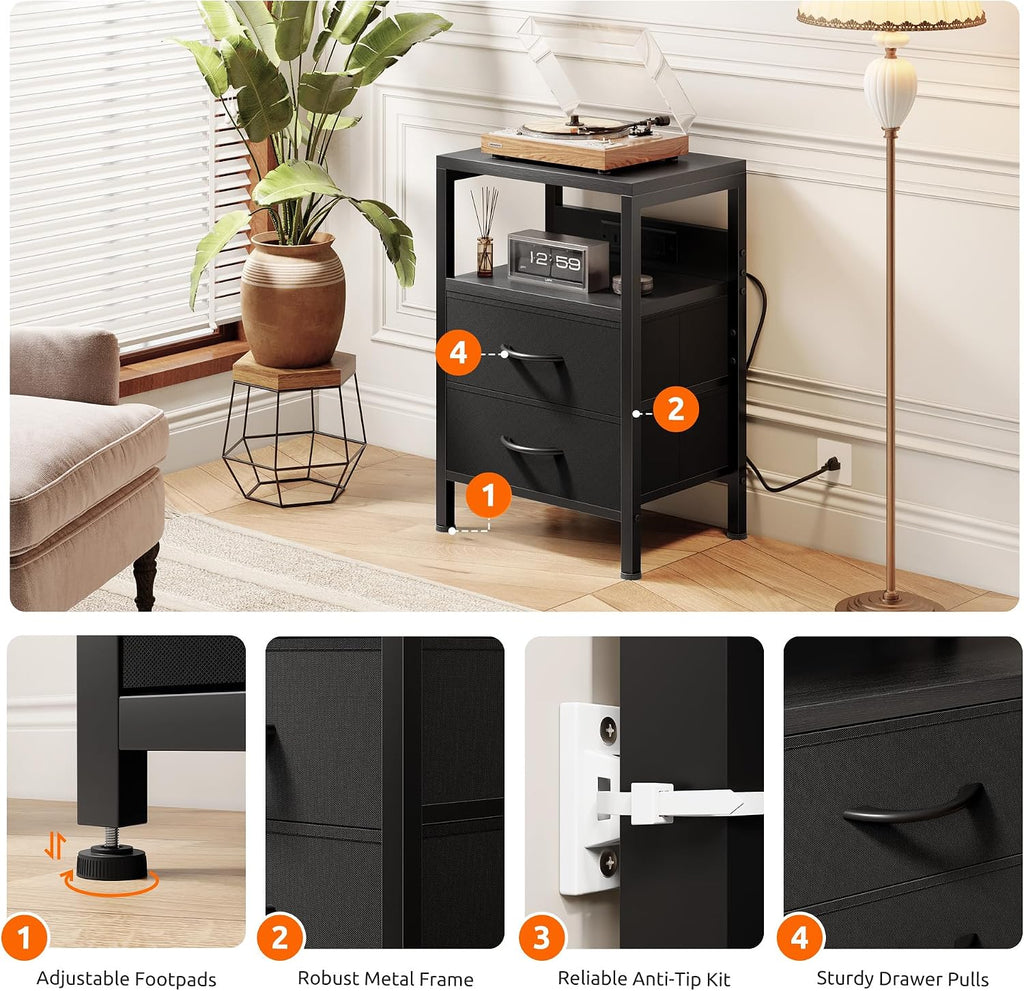 Lazzanto Night Stand with Charger Station for Bedroom, Black Nightstand | Bedside Table, Open Shelf, 2 Fabric Drawers, Built in USB-A, USB-C Port & AC Outlets, For Dorm, Living Room, Bedroom