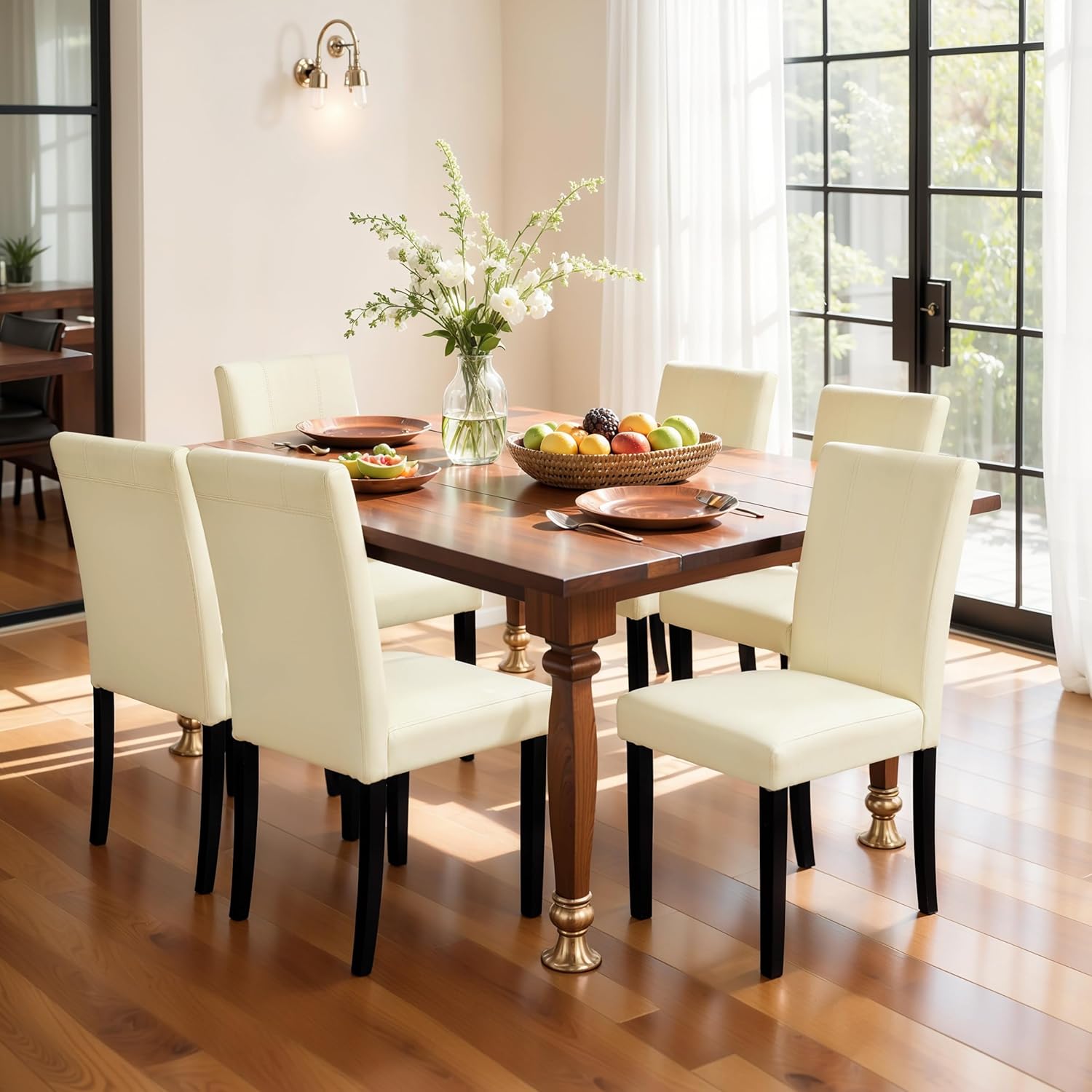 SyMax Dining Chairs Set of 6, Faux Leather Upholstered Dining Room Chairs, Modern Parsons Kitchen Chairs with Wood Legs, Cream(Only Chairs)