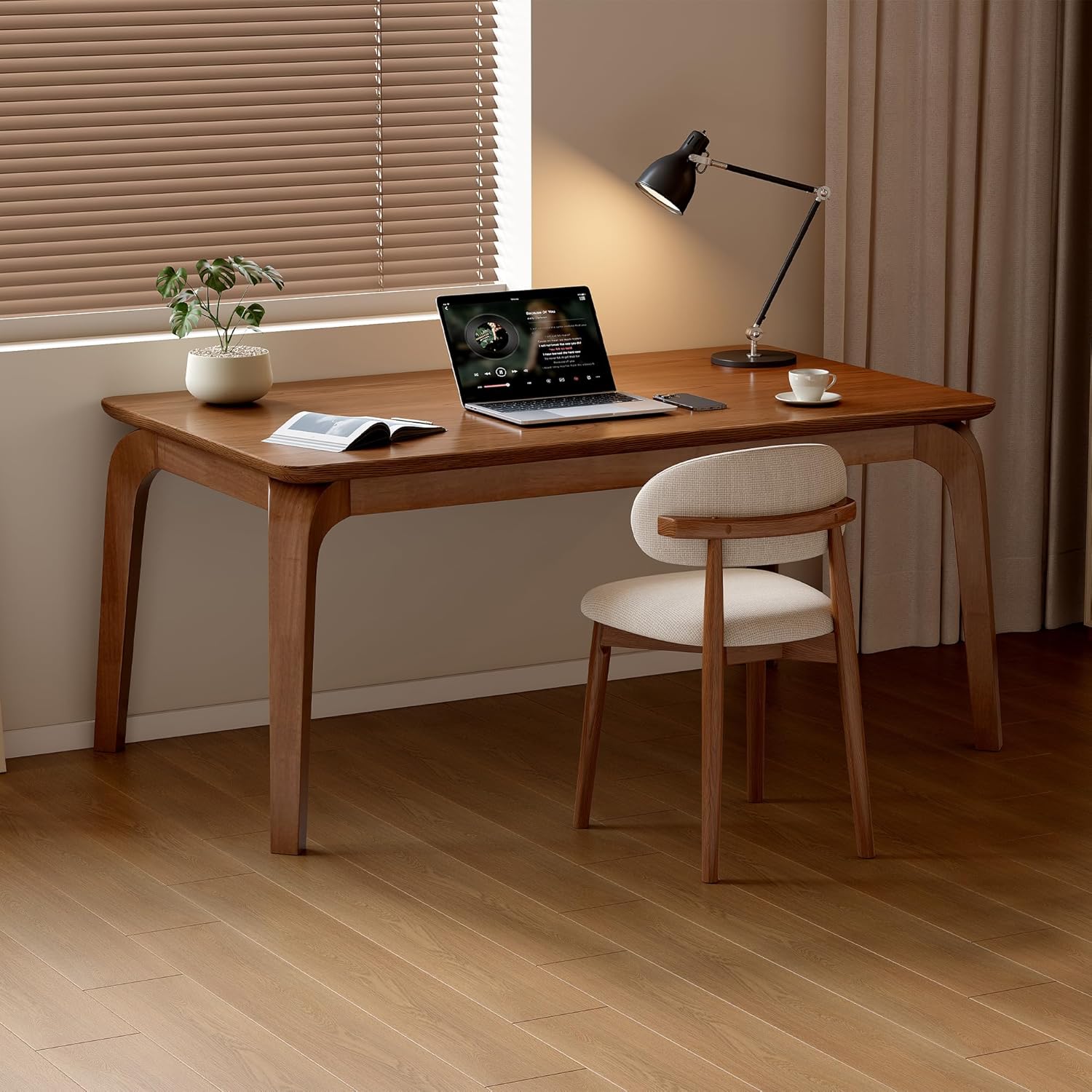47'' Solid Wood Dining Table for 4 People, Modern Dining Table with Curved Transitions, Farmhouse Kitchen Table for Dining Room, Living Room, Kitchen (Walnut, Table only, Rubberwood)