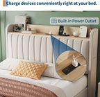 Garvee Platform Bed Frame Queen, Storage Headboard, Charging Station, Beige