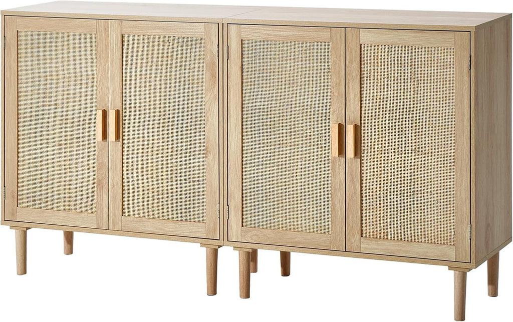 VEVOR Rattan Buffet Cabinet with Storage, 4 Magnetic Doors and Adjustable Shelves, Sideboard for Hallway, Living Room, Kitchen, Natural