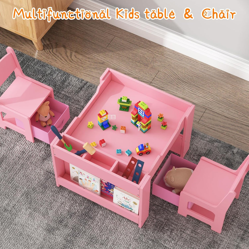 Kids Table and Chair Set - 4 in 1 Wooden Activity Table & 2 Chairs, Storage Drawer, Detachable Tabletop, for Drawing, Reading, Crafts, Art, Homework