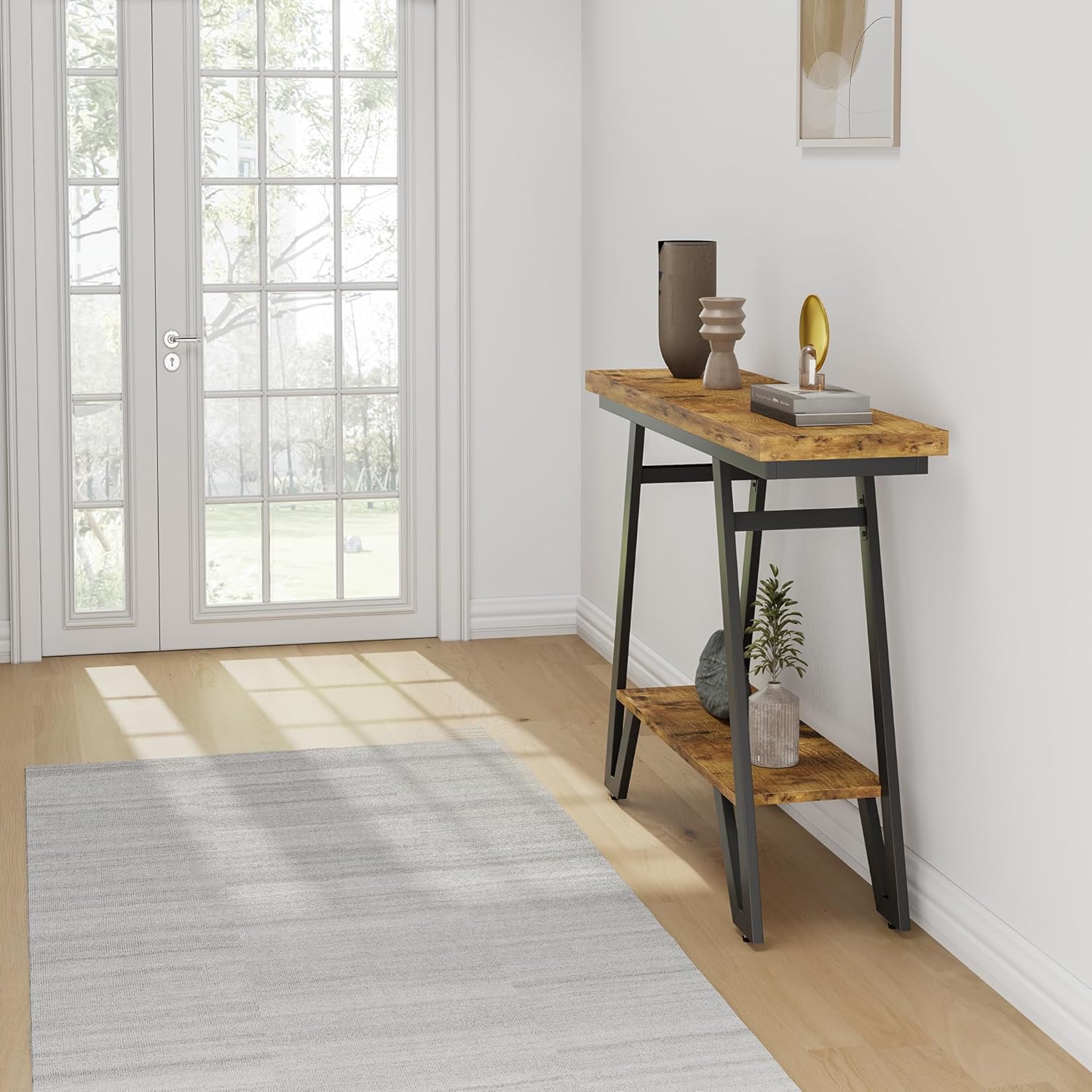 Console Table for Entryway, Space Saving Small Entryway Table with Open Shelves, Narrow Sofa Table Behind Couch for Living Room, Hallway, Easy Assembly, Wooden Top, Rustic Brown
