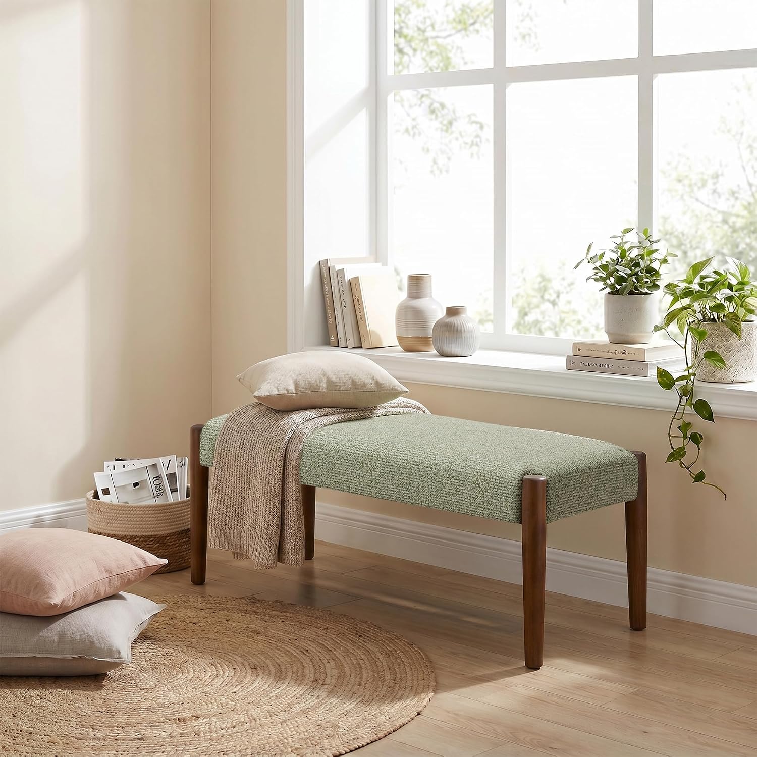 Usaint 42" End of Bed Bench, Modern Upholstered Bedroom Bench with Rubberwood Legs, Entryway Bench with Cushion, Dining Bench for Living Room, Bedroom, Green with Walnut Leg