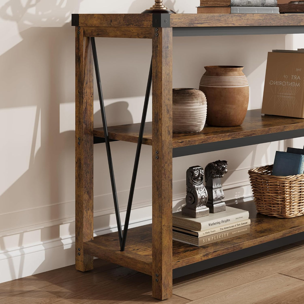 Garvee Farmhouse Console Table, 47 in Narrow Long Entryway Table with Storage, 3 Tier Wood Console Table for Living Room, Skinny Sofa Tables Behind Couch, Rustic Hallway Table for Entryway