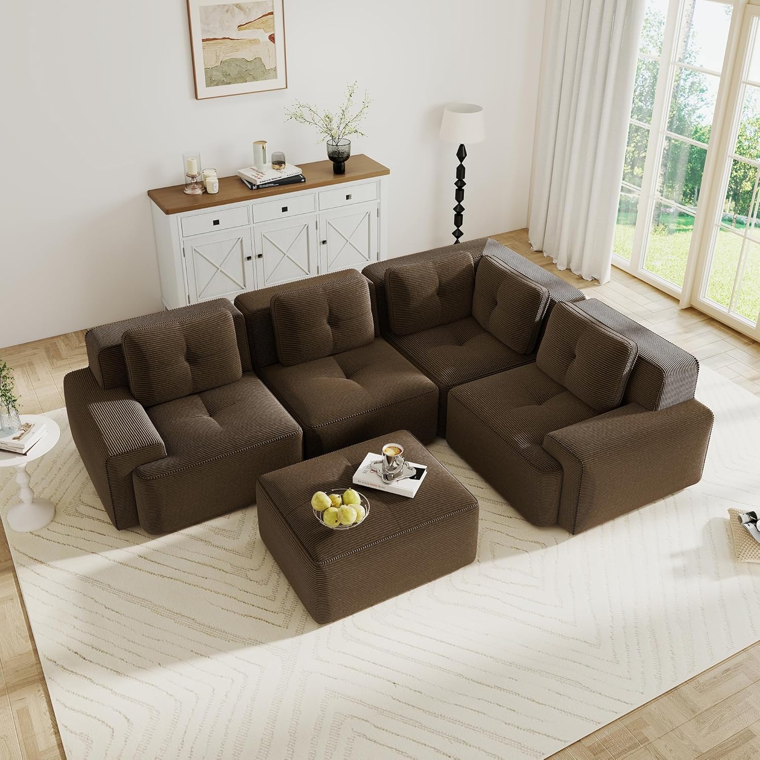 Oversized Modular Sectional Sofa, Modern V Shaped Corner Couch with Ottoman, Comfy 5 Seater Cloud Sleeper Sofa with Deep Seat, Customizable Layout Couches for Living Room, Apartment, Brown