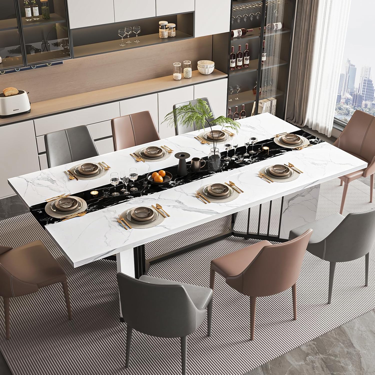 JassmiPkwy 71 Inch Dining Table for 6 8 10 People, Rectangular Faux Marble Kitchen Dining Table Wooden, Modern Large Tabletop and Metal Adjustable Feet, White