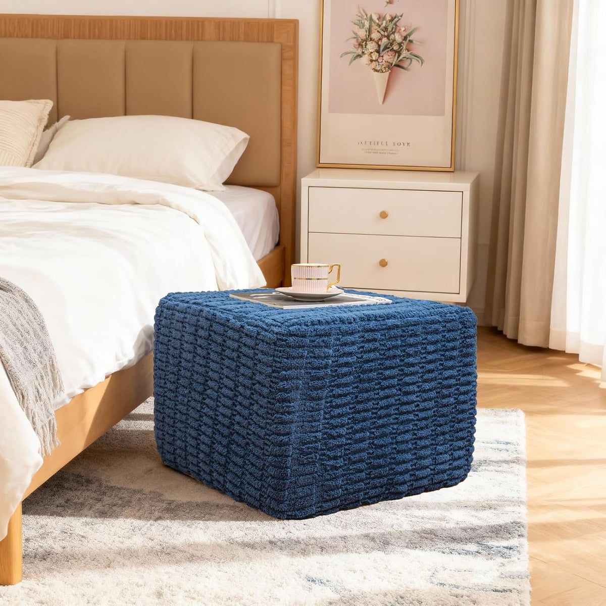 Round Plush Ottoman Pouf Stuffed– Fluffy Ottoman Foot Rest with Modern Foam Filler 20" x 14" Cozy Floor Pouf for Living Room & Bedroom (Navy Blue)