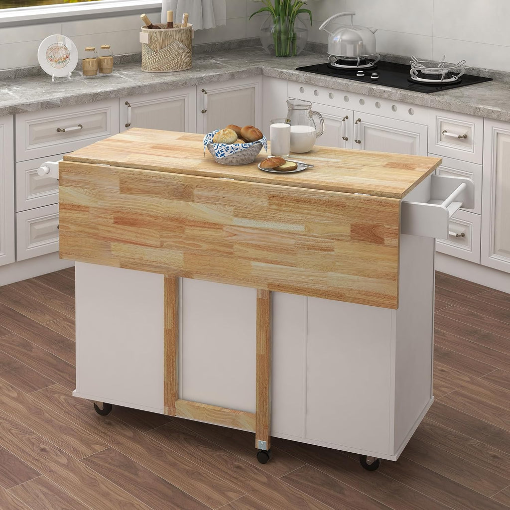 Kitchen Island with Spice Rack, Towel Rack and Extensible Solid Wood Table | Includes extensible solid wood table top and three drawers with cabinet door