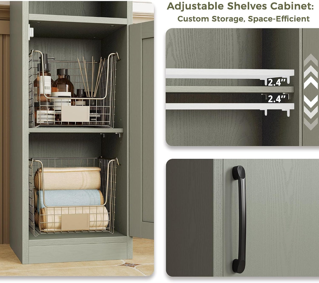 IRONCK Tall Bathroom Cabinet with Drawer and Door, 71" H Slim Freestanding Narrow Storage Cabinet with Adjustable Shelves, Retractable Toilet Paper Rod, for Small Spaces, 11.8" W Green