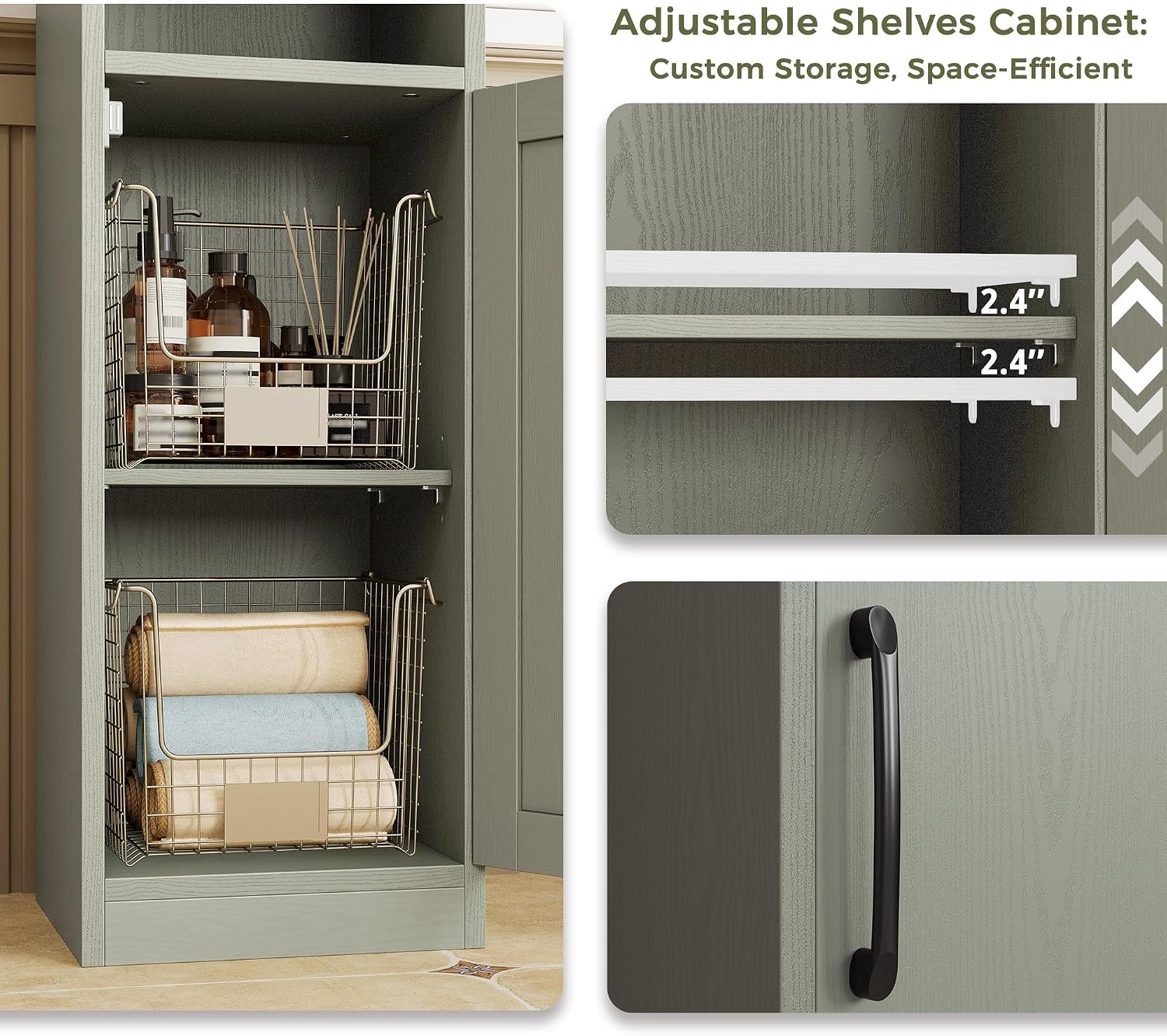 IRONCK Tall Bathroom Cabinet with Drawer and Door, 71" H Slim Freestanding Narrow Storage Cabinet with Adjustable Shelves, Retractable Toilet Paper Rod, for Small Spaces, 11.8" W Green
